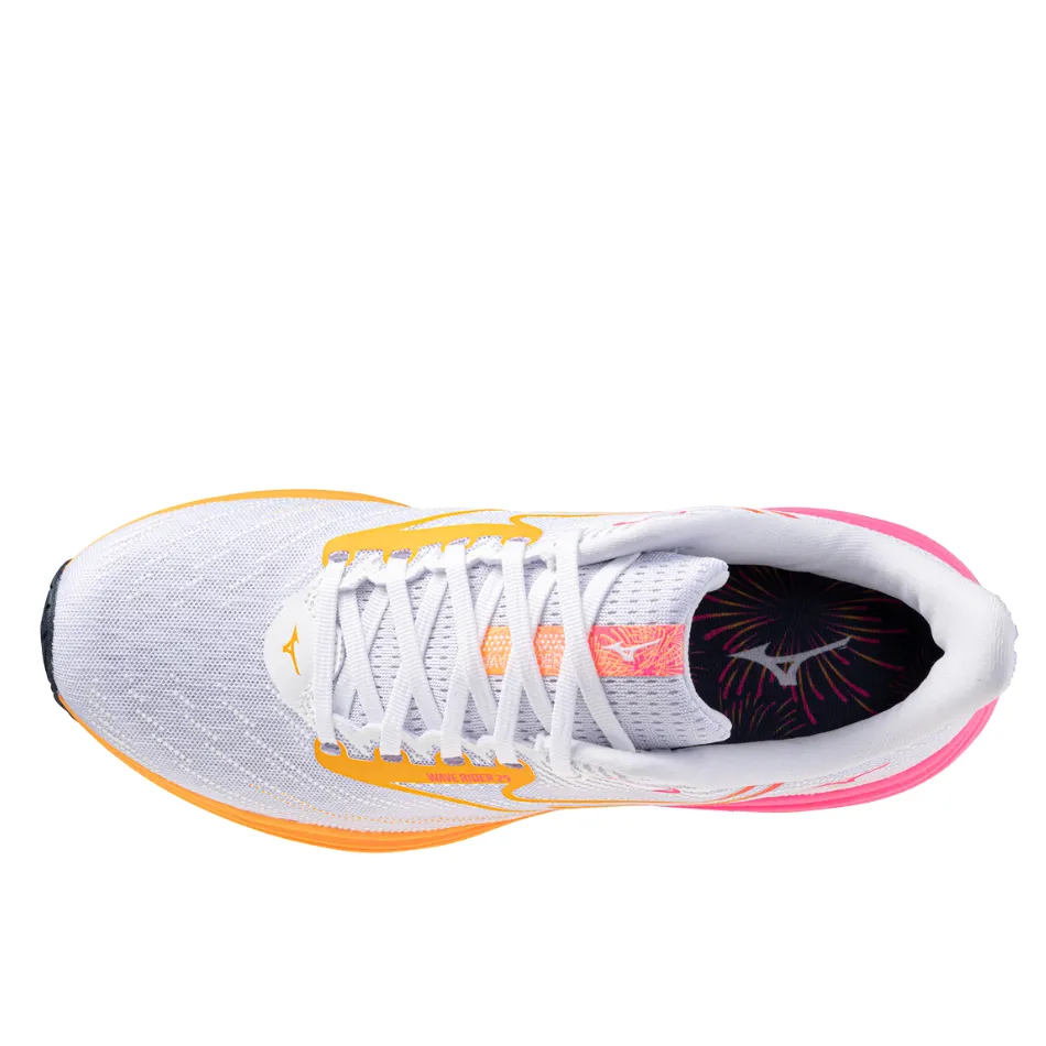 Adaptive design Mizuno Unisex Wave Rider 29 Running Shoes in White/Tang Orange/Pink Tetra AW25