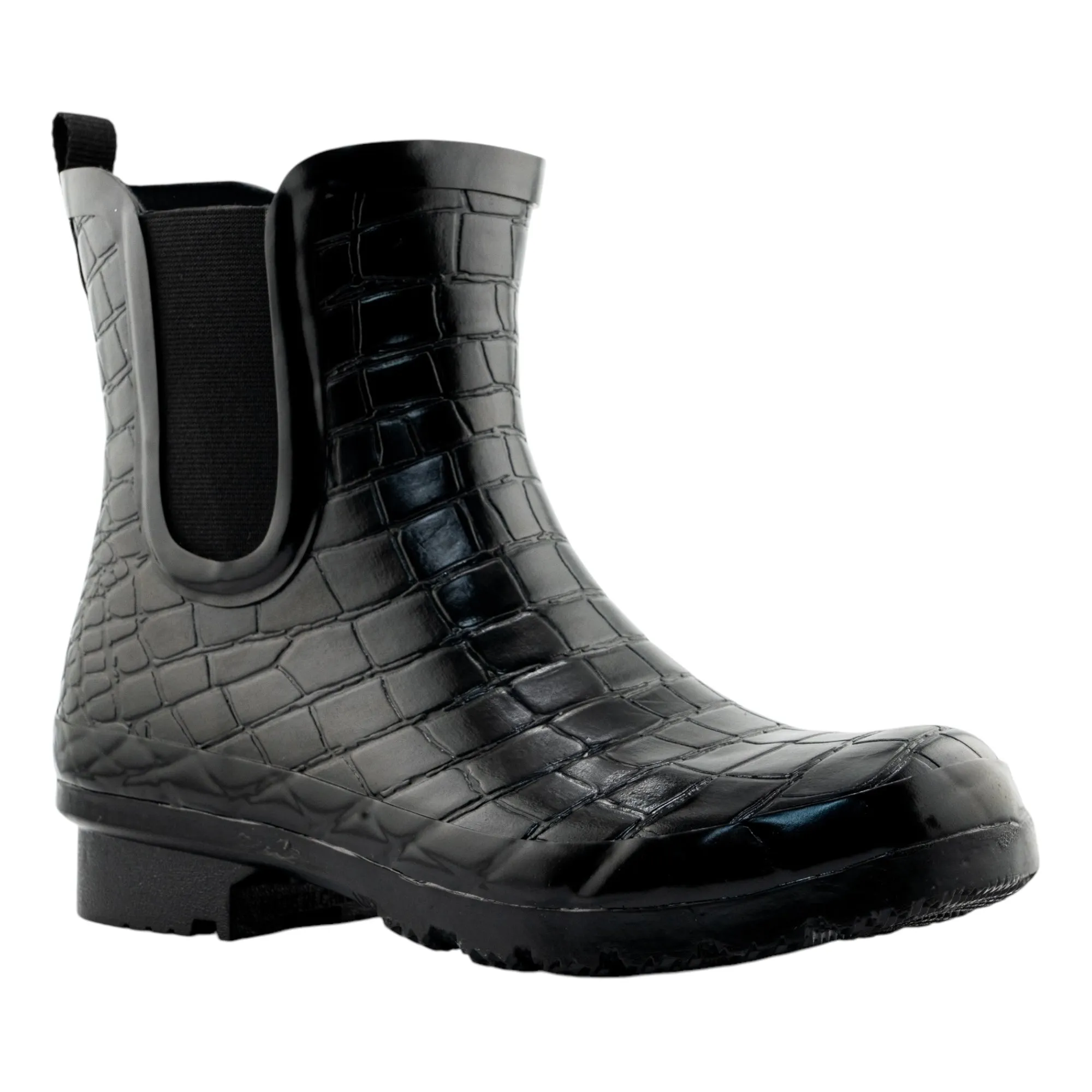 Chelsea Black Croc Emboss Women's Rain Boots Quick On Boots Everyday Go-To