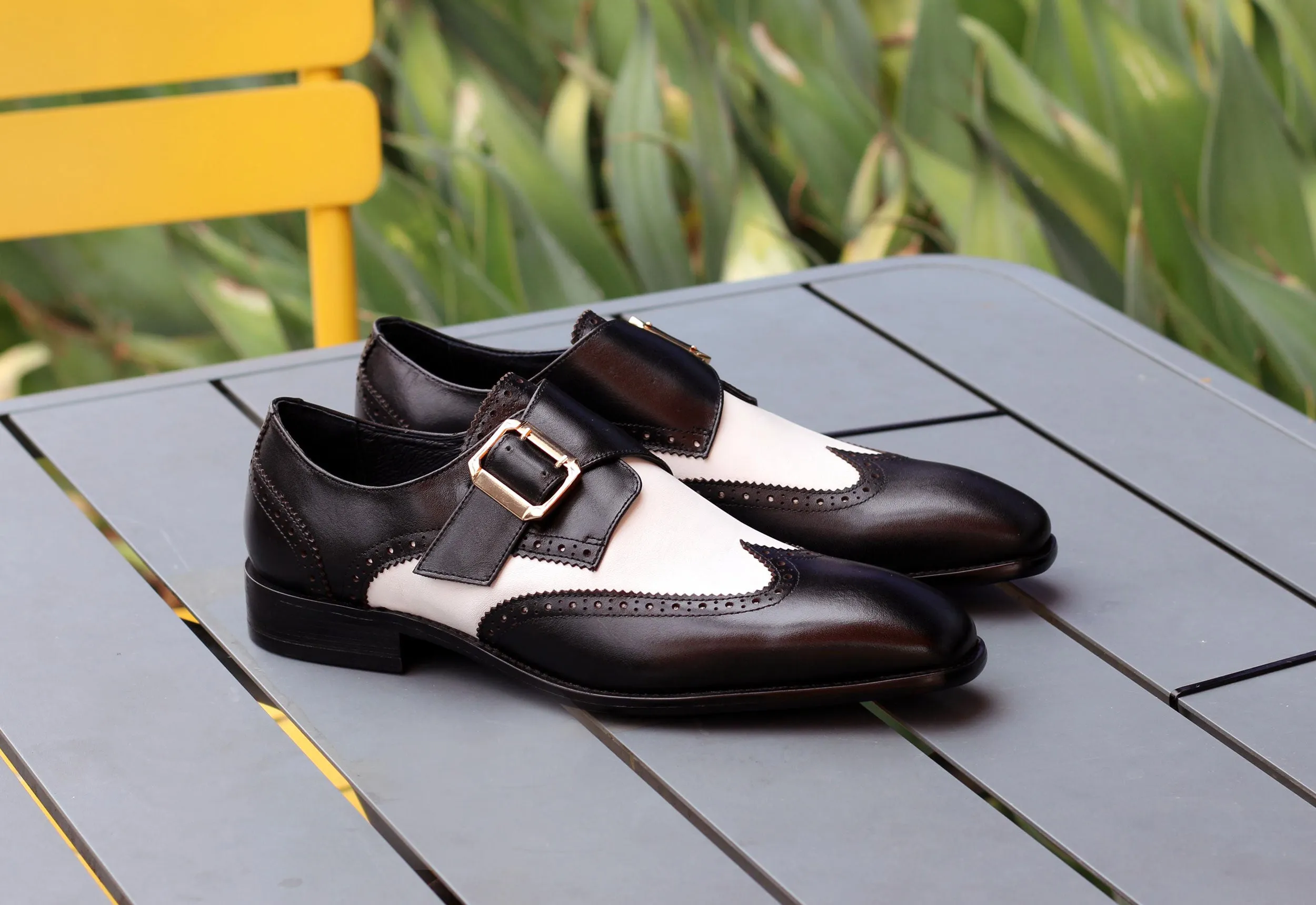 Classic Style Head Turn Burnished Calfskin Slip-On Spectator Monkstrap Shoe Black/White