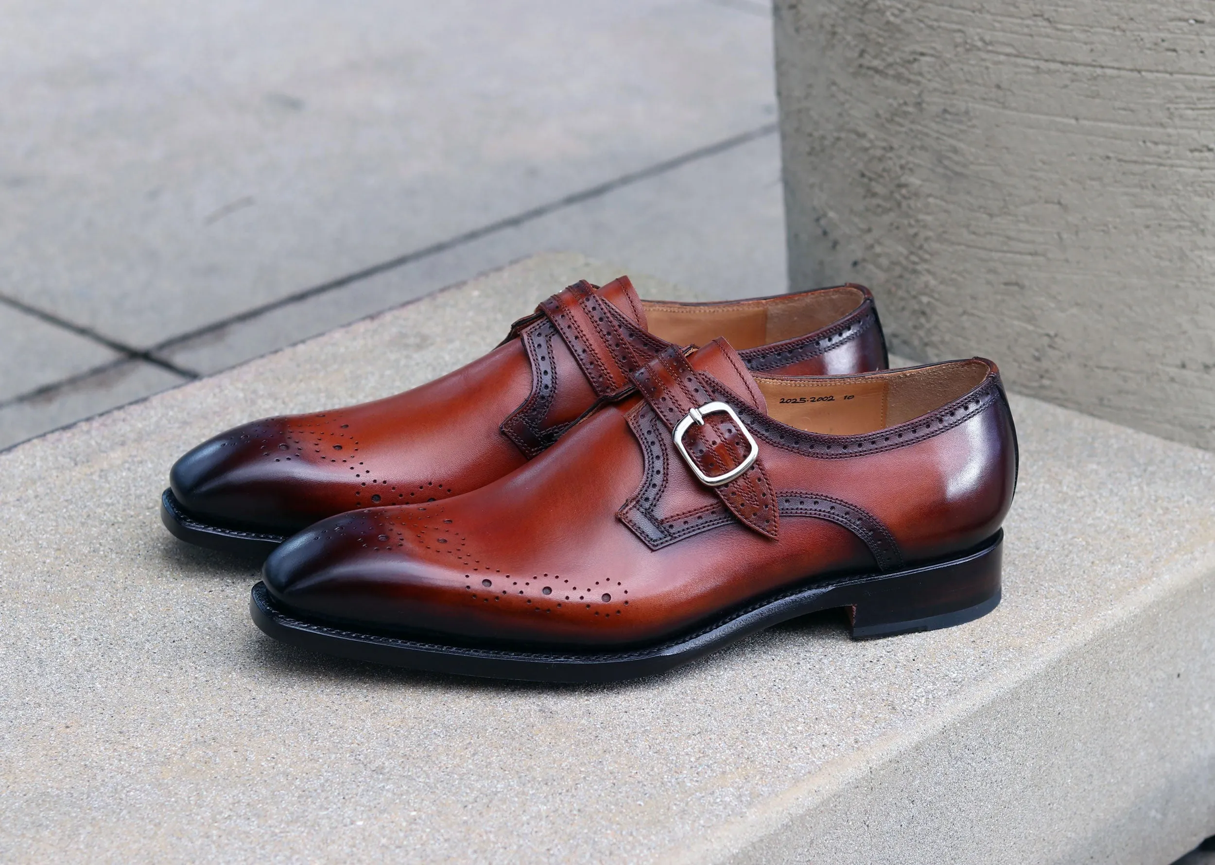 "Eric" Burnished Calfskin Monkstrap Shoe Caramel Stylish Pattern Mid Heel