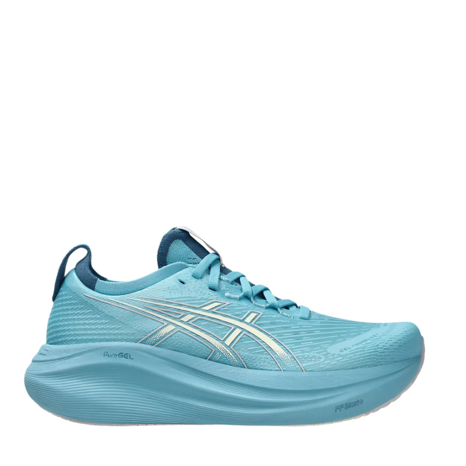 ASICS Women's GEL-NIMBUS 27 Running Shoes in Still Water/Cream AW25 lace - decorated running gear countryside running option