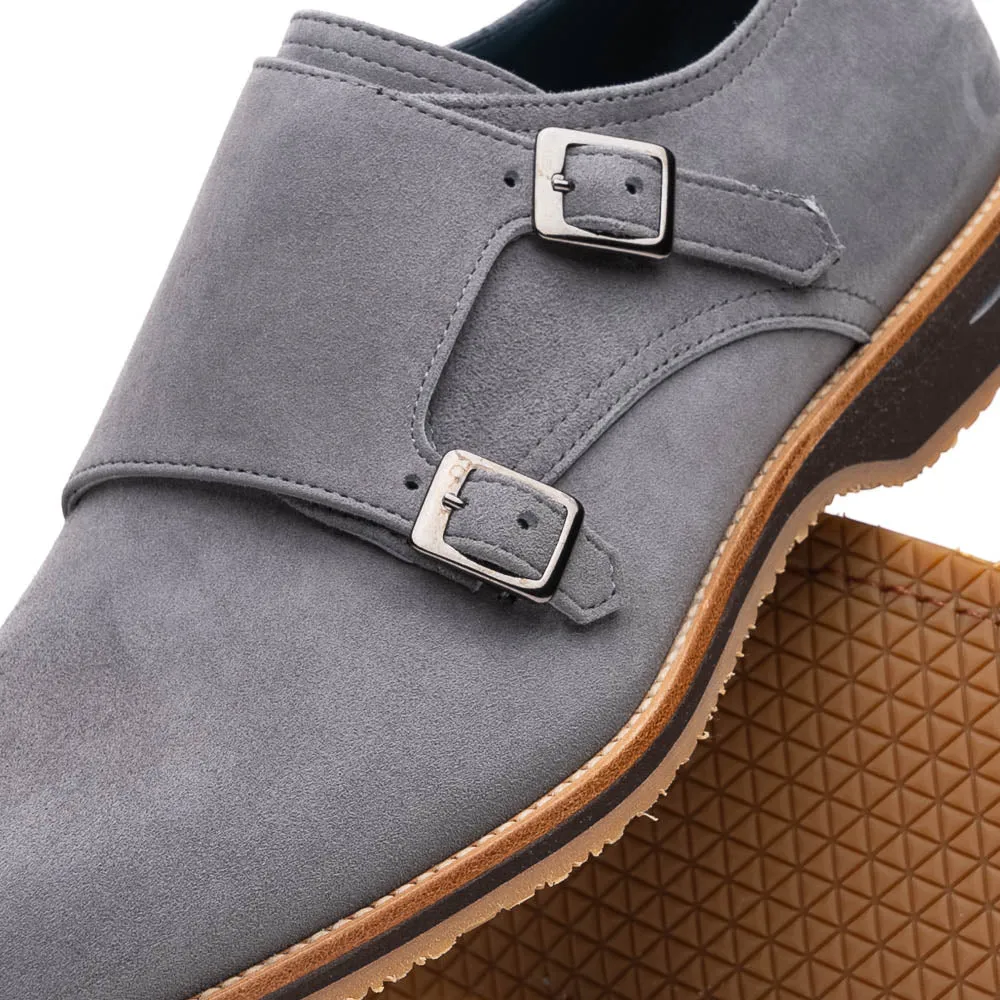 56-105-GRY LEGERRA Sueded Goatskin Monkstrap Grey Durable Stitching Metal Buckle