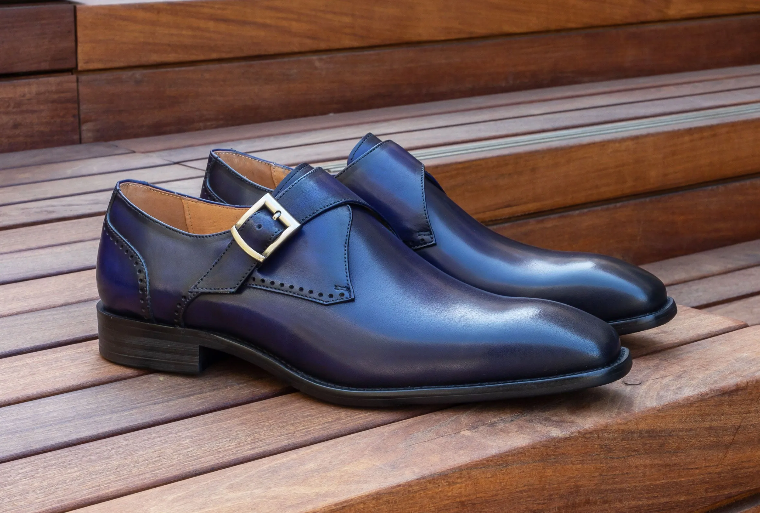Lace Up Rich Shade Burnished Leather Monkstrap Blue