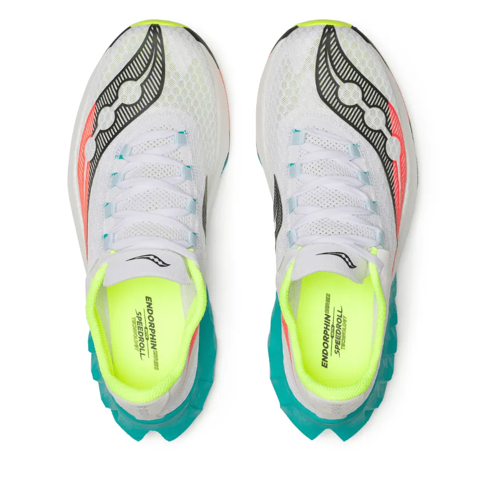 Propulsion plate mid - top cut Saucony Men's Endorphin Pro 4 Running Shoes in White/Mutant AW25