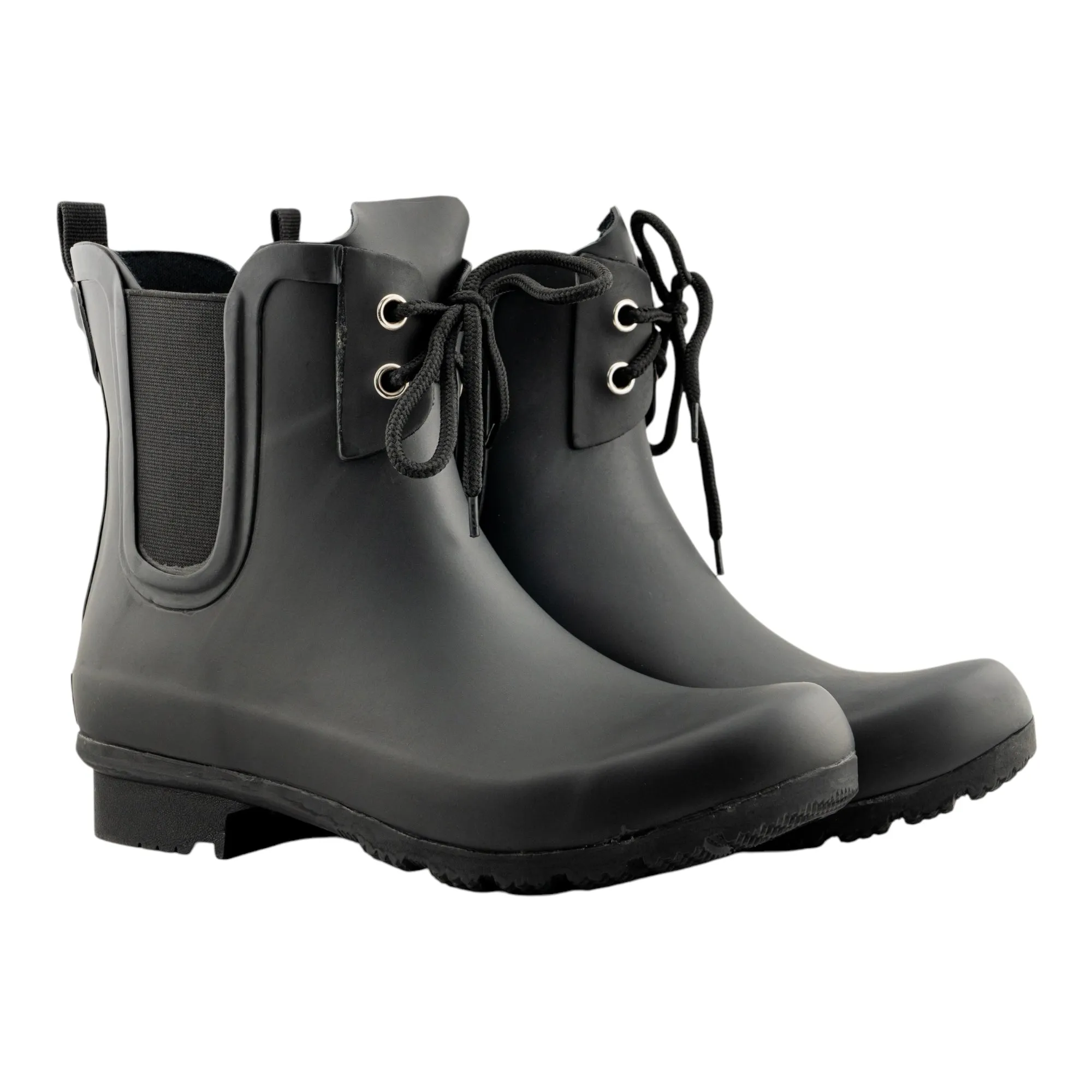 Chelsea Lace Matte Black Women's Rain Boots Easy Fit Seasonal Must-Have