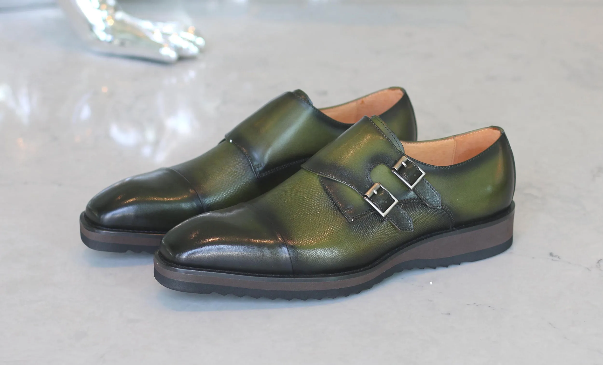 Calfskin Double Monkstrap Shoe Olive Low Cut