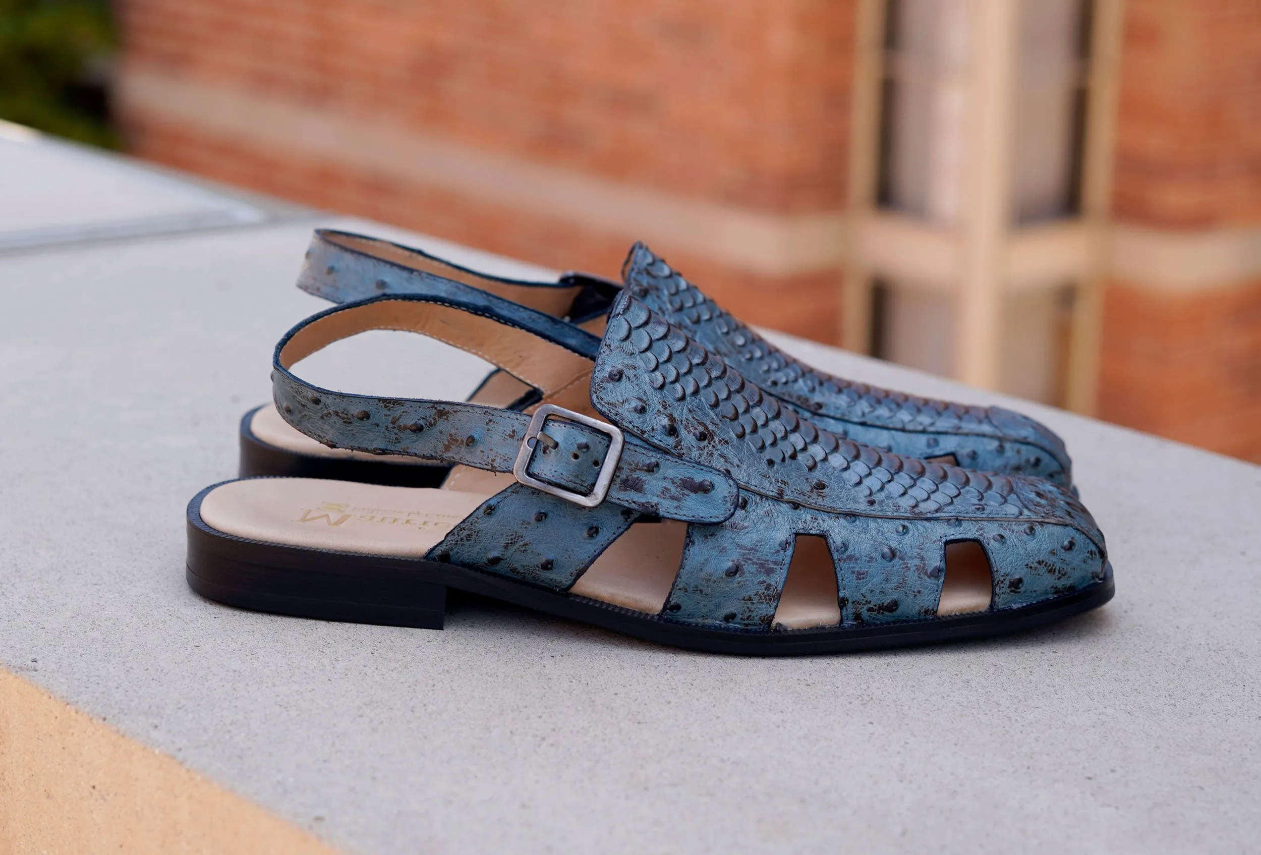 Maurice Embossed Calfskin Slip-On Back-Strap Sandal Blue Travel Light Swift Glide