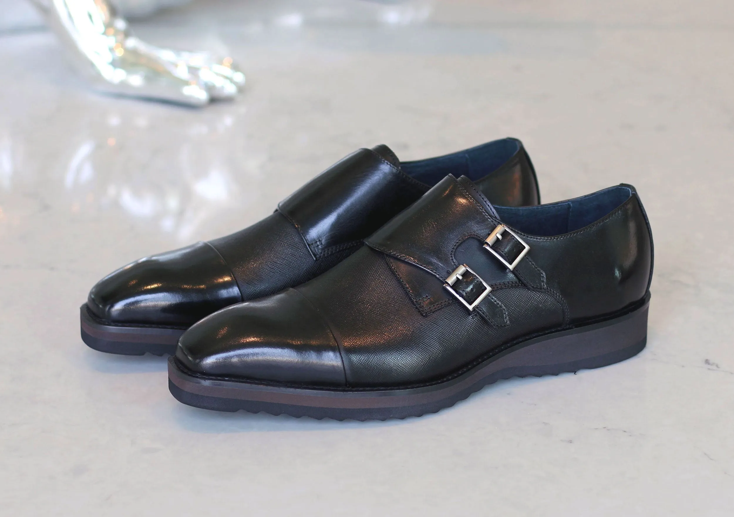 Calfskin Double Monkstrap Shoe Black fine cut