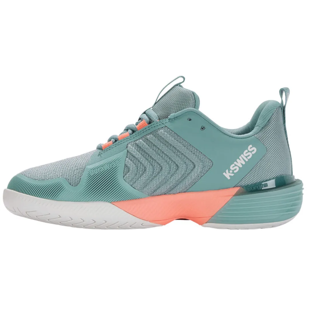 Contoured Footbed Comfort Walk K Swiss Ultrashot 3 Women Tennis Shoes  - Blanc de Blanc/Nile Blue/Desert Flower