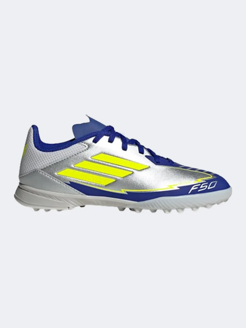 Heat dissipation Stable base Adidas F50 League Tf Messi Kids Football Shoes Silver/Yellow/Blue