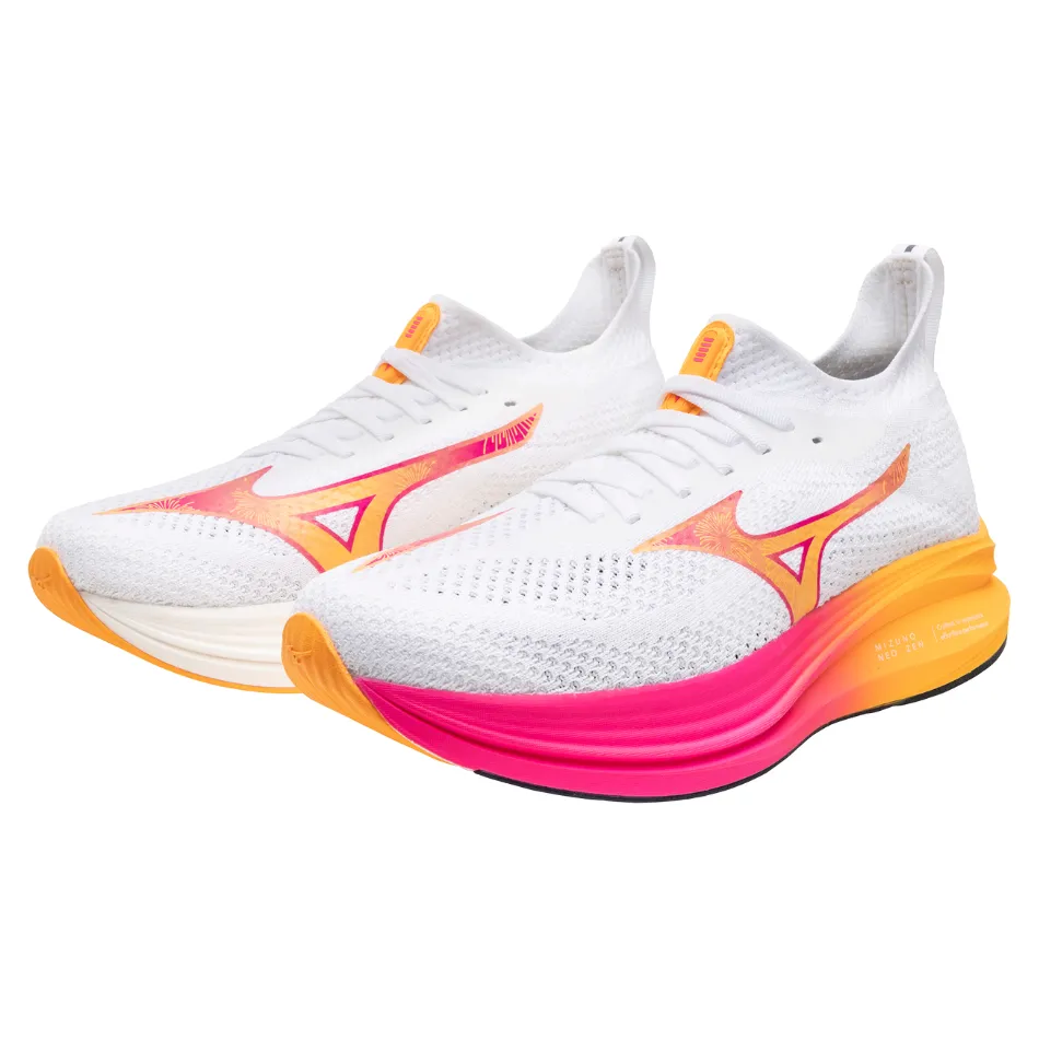 Mizuno Unisex Neo Zen Running Shoes in White/Tang Orange/Pink Tetra AW25 speed training shoes Fun run