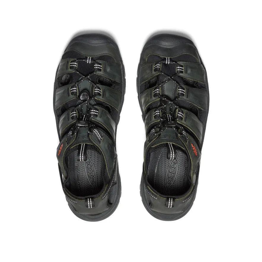 Motion control supports explosive lateral pushes Routine Fit Men's Targhee III Sandal  |  Grey/Black
