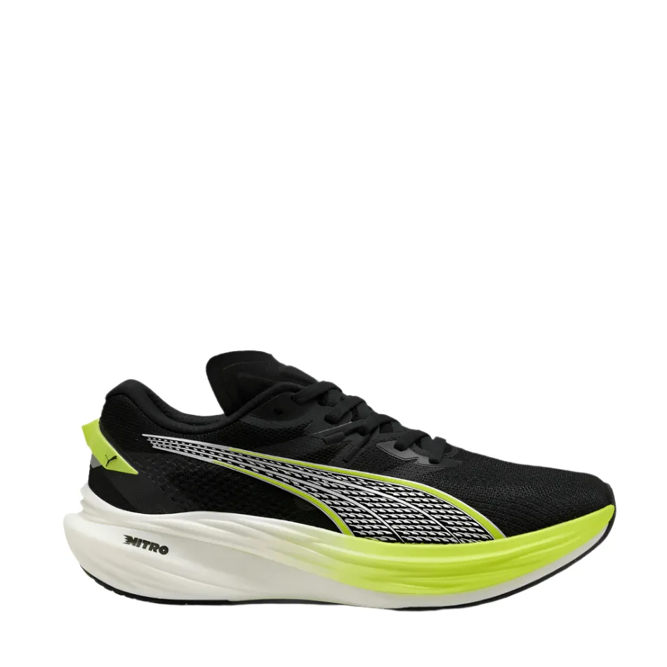 running with headphones running for coordination Puma Men's Deviate Nitro 3 Running Shoes in PUMA Black/Yellow Alert SS25