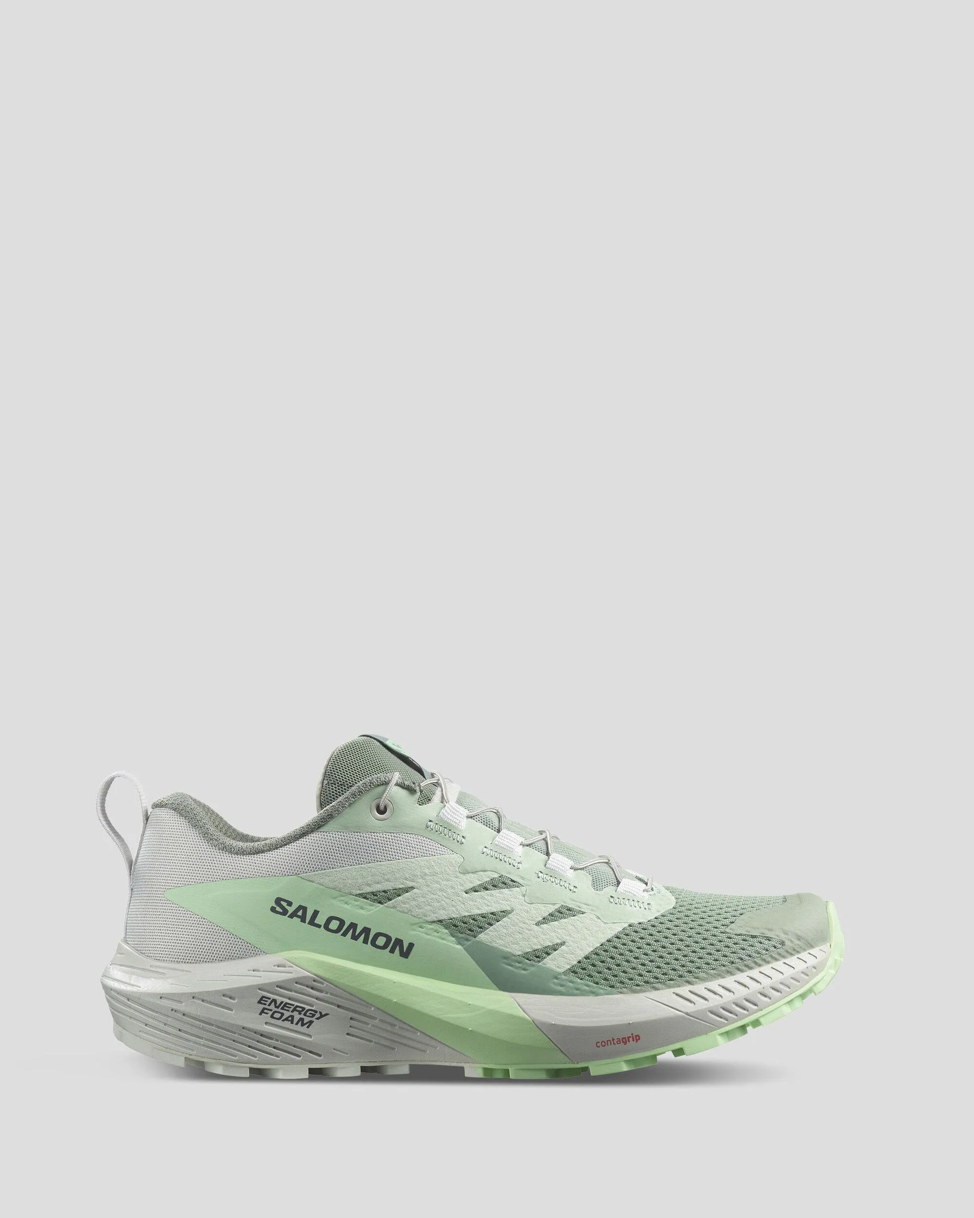 Women's Salomon Sense Ride 5 Trail Running Shoes - Lily Pad/Metal/Green Ash Toe spring shape aids in rolling transitions