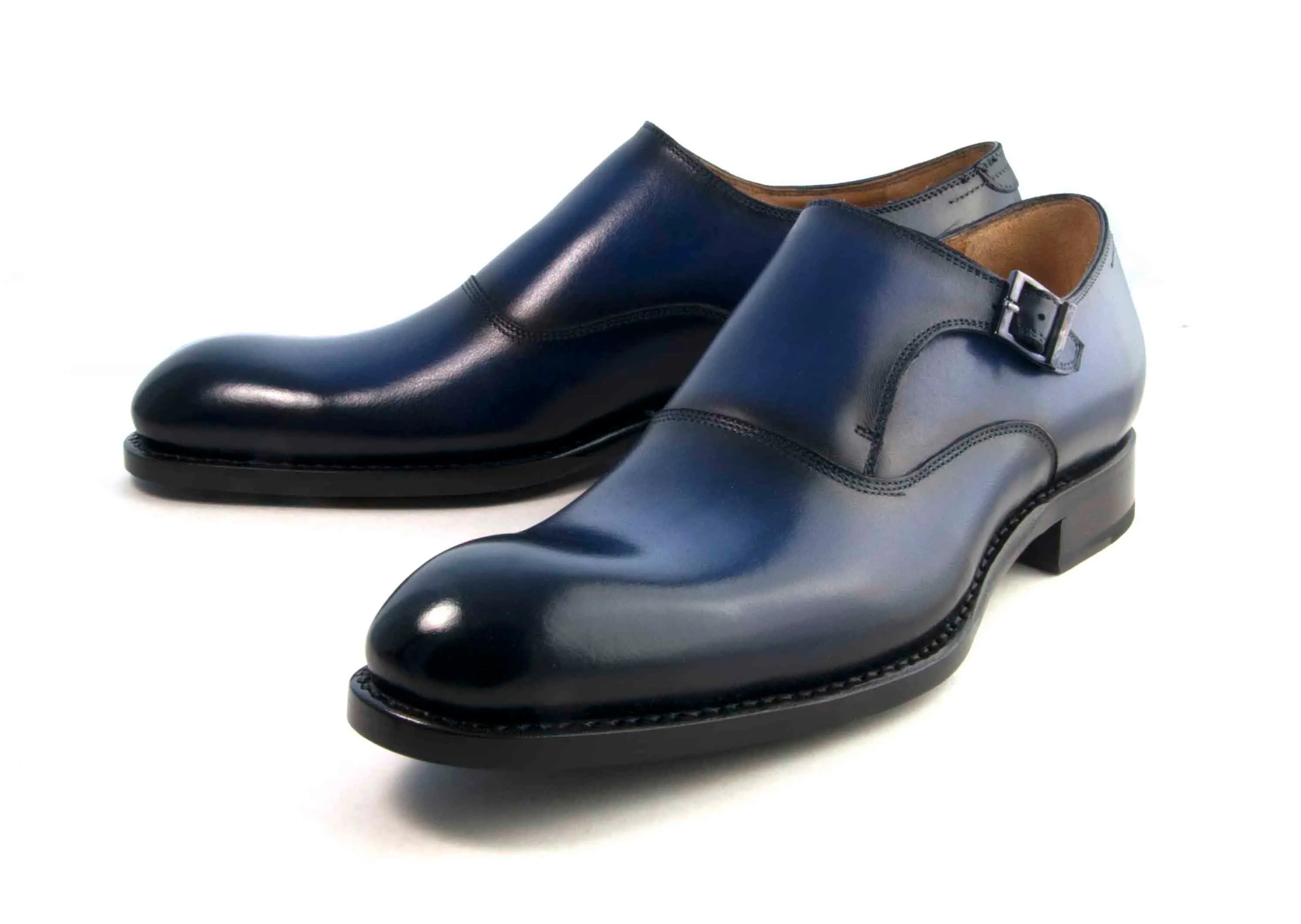 French Shade Burnished Calfskin "Fred" Monkstrap Navy