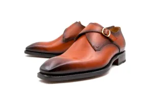 "Edward Sr." Burnished Calfskin Monkstrap Shoe Camel Stylish Finish Retro feel