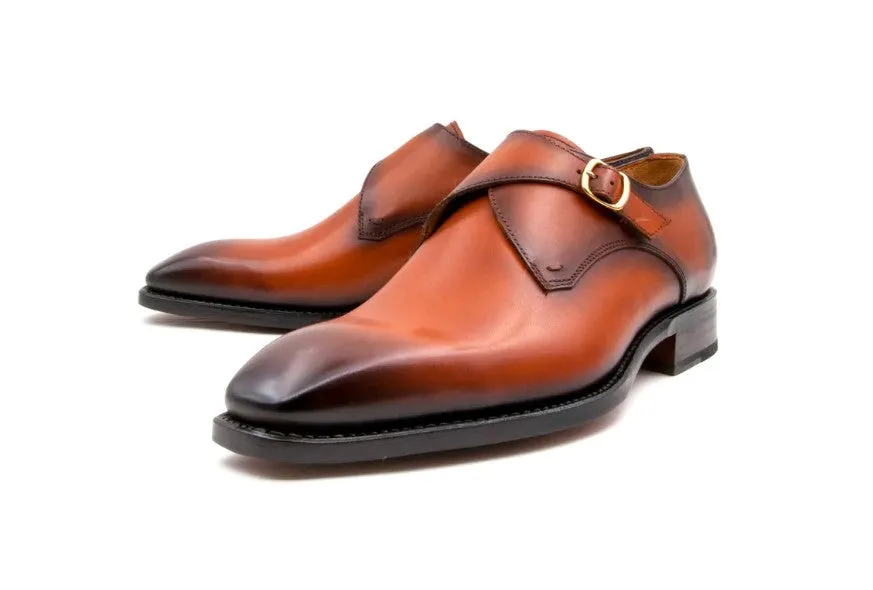 "Edward Sr." Burnished Calfskin Monkstrap Shoe Camel Camera Shade