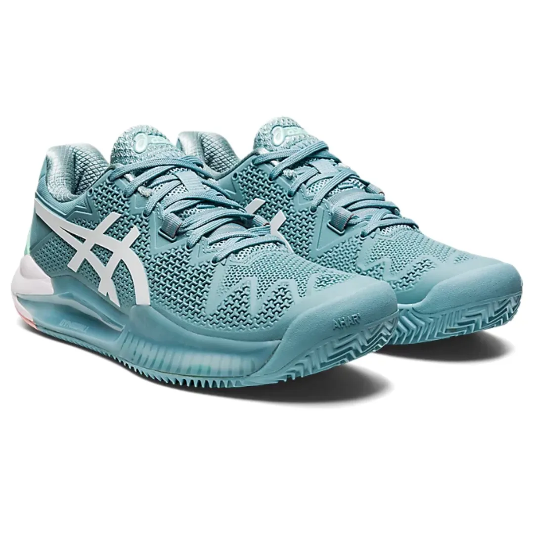 Asics Womens Gel Resolution 8 Smoke Blue/White Clay Tennis Shoes Shock Resistance Stable Step