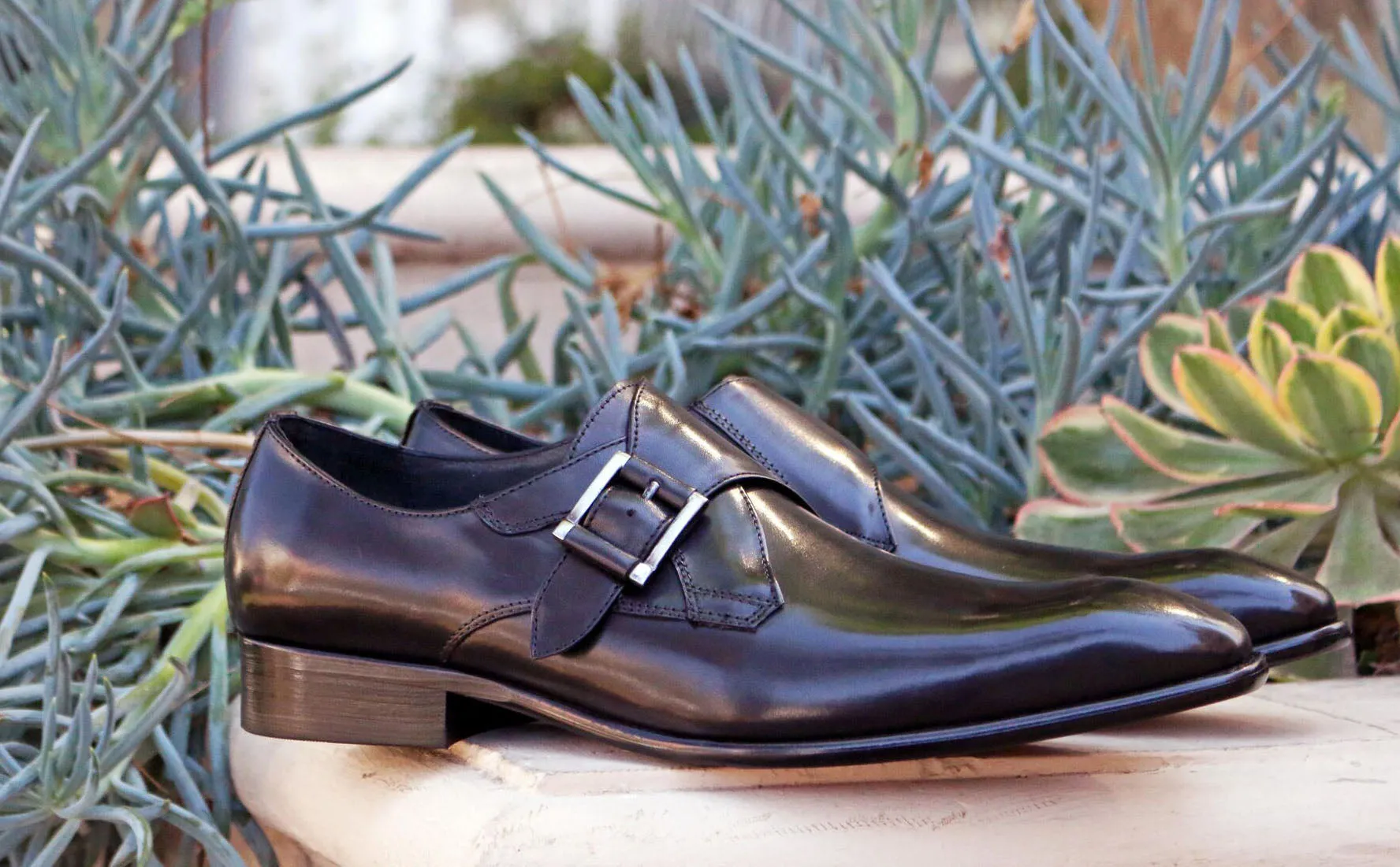 Padded collar Korean Edge Burnished Calfskin Monkstrap Black