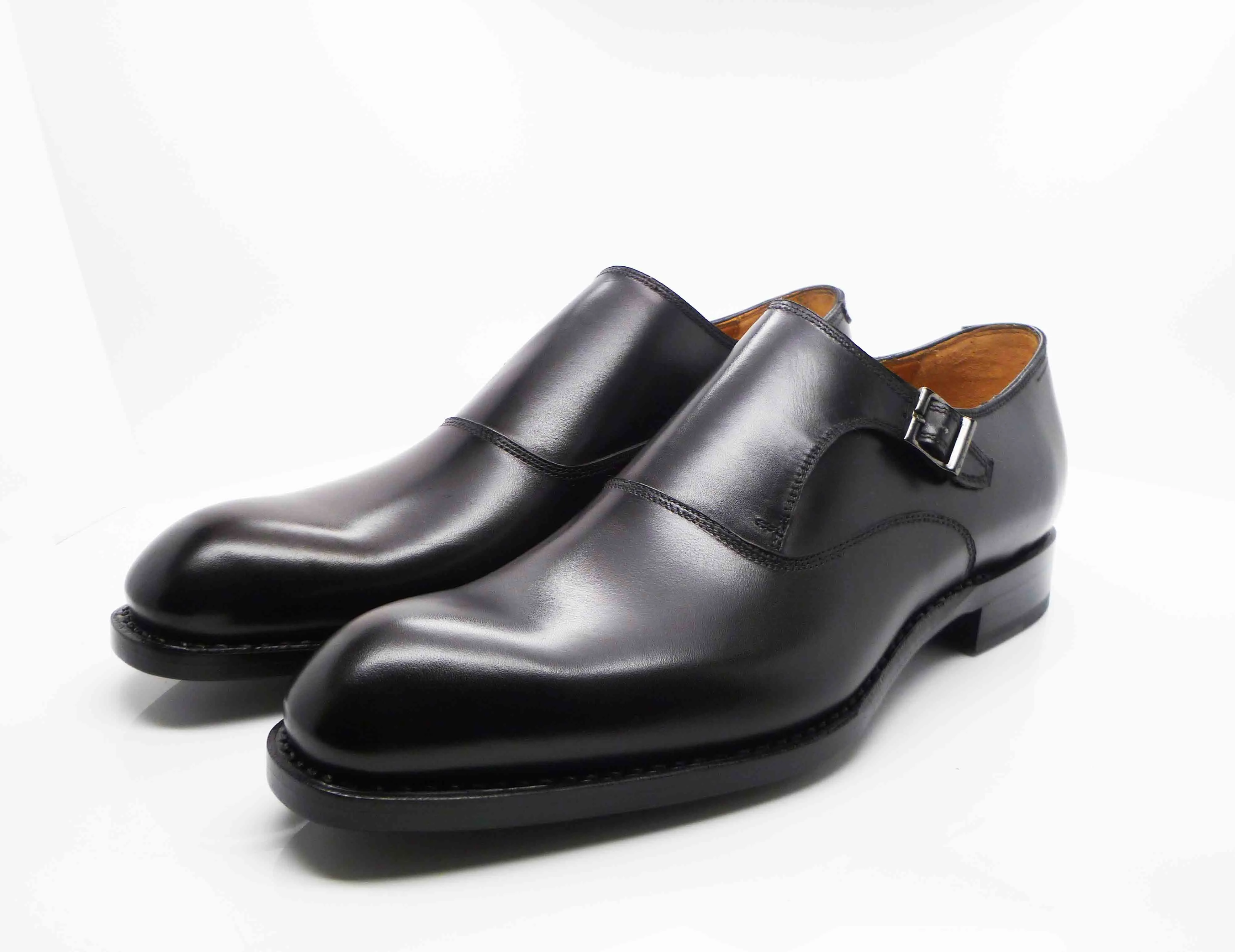 Burnished Calfskin "Fred" Monkstrap Black Oxford Style Global Traveler