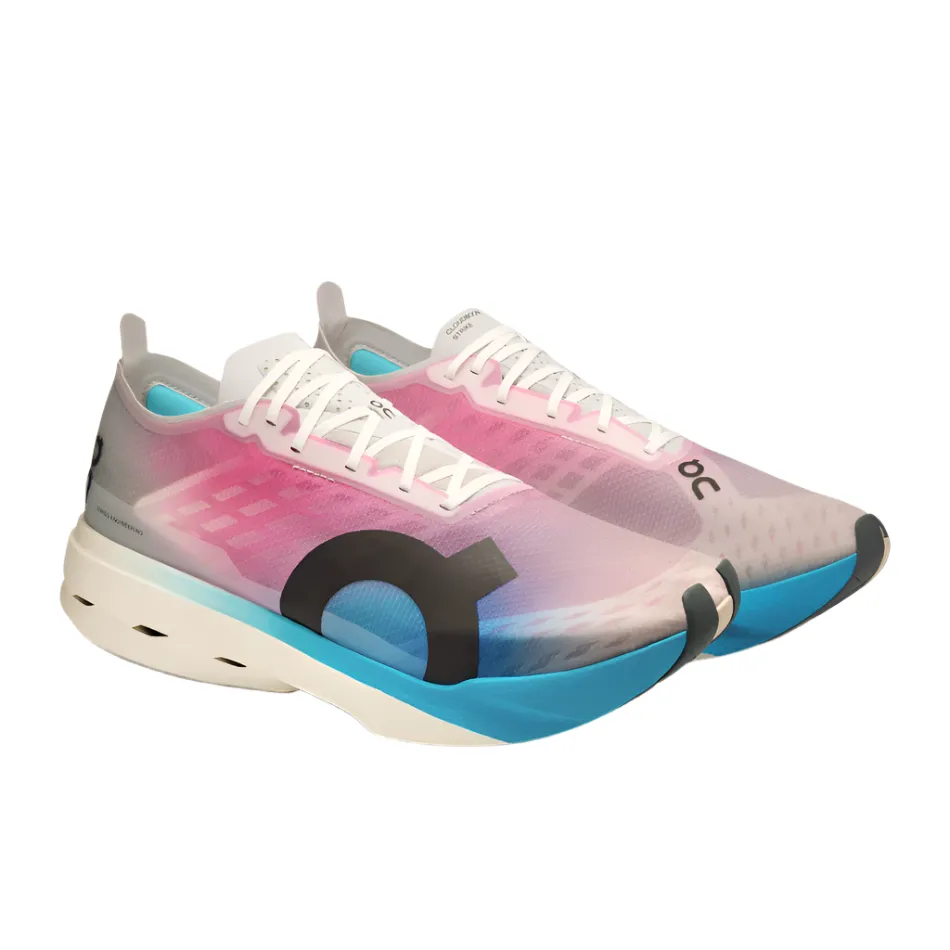 On Men's Cloudboom Strike Running Shoes in White/Horizon AW25 running in a floodplain area shoes