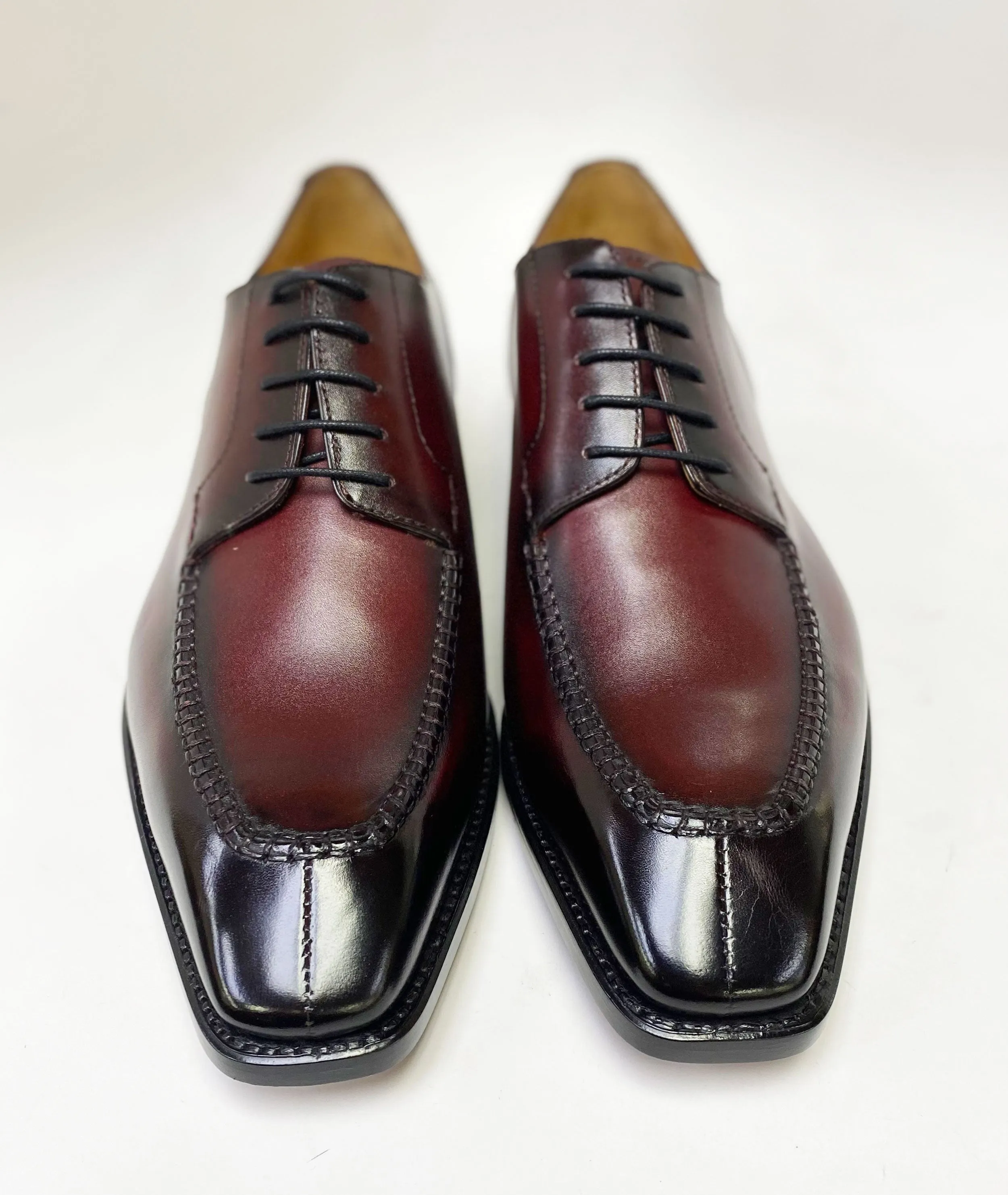 "Norman" Burnished Calfskin Lace-Up Split-Toe Oxford Burgundy Fashionable Gel Soft