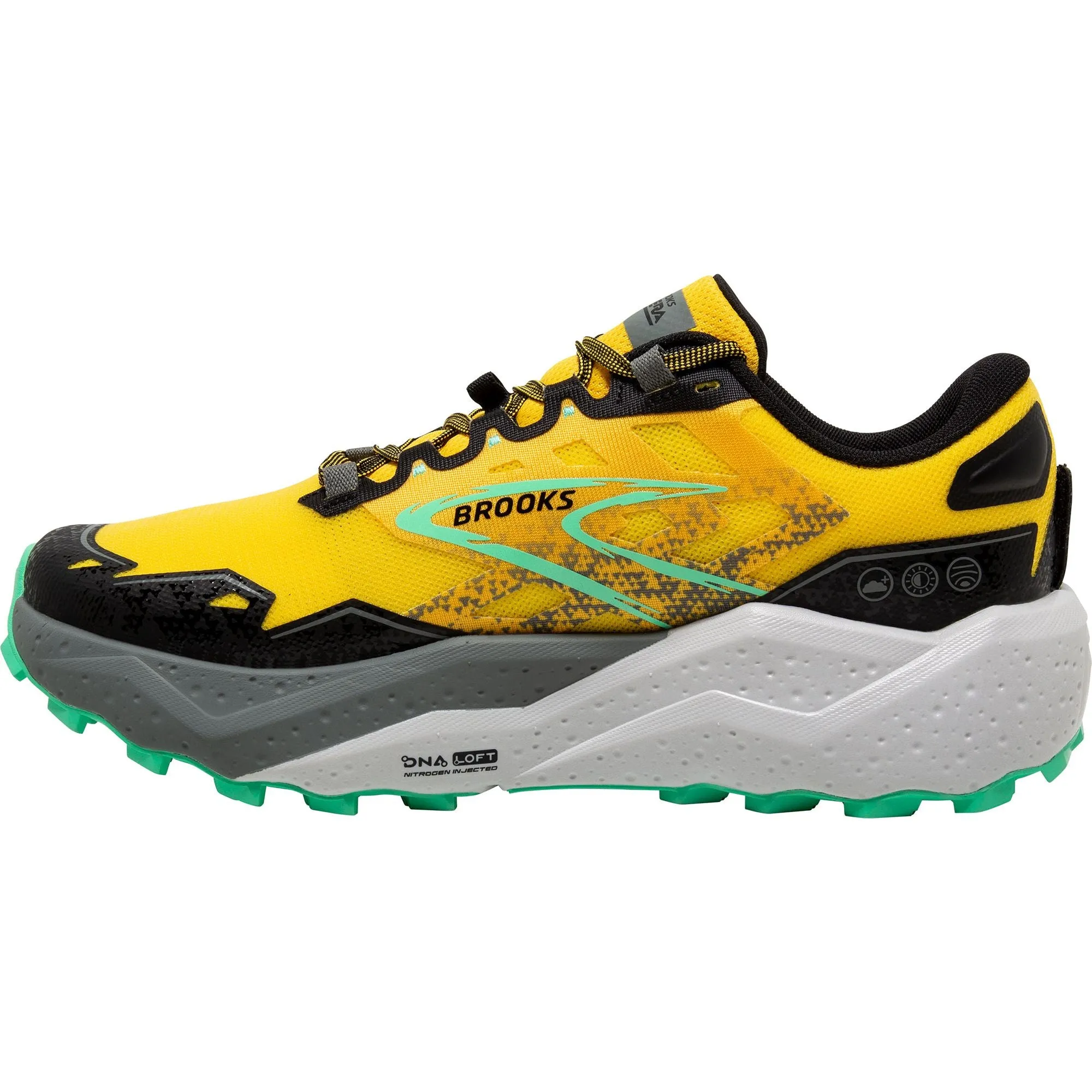 Upper knit zones enhance stretch and support Flex Point Brooks Caldera 7 Mens Trail Running Shoes - Yellow
