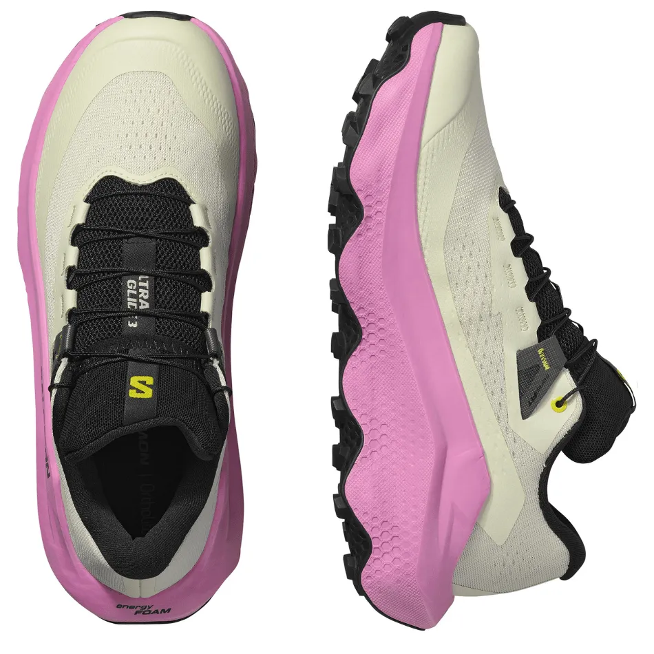 country roads running in a modern bridge area shoes Salomon Women's Ultra Glide 3 Running Shoes in Almond Milk/Cyclamen/Black AW25