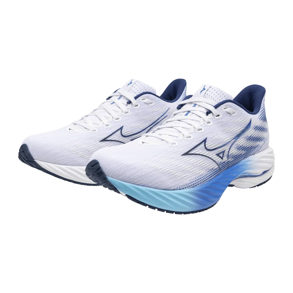 beginner - friendly adventure - themed running gear Mizuno Women's Wave Rider 28 Running Shoes in White/Mugen Blue/River Blue AW24