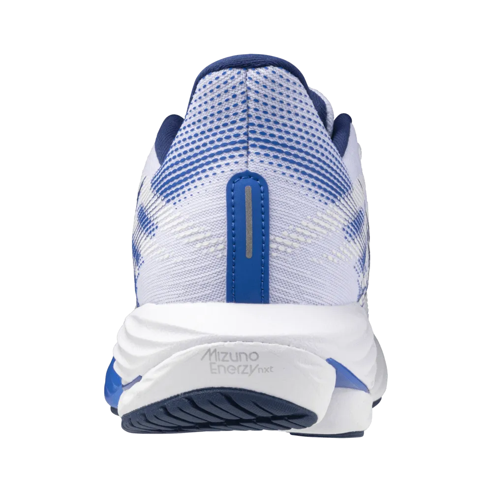 Mizuno Women's Wave Rider 28 Running Shoes in White/Mugen Blue/River Blue AW24 ReflectiveElements