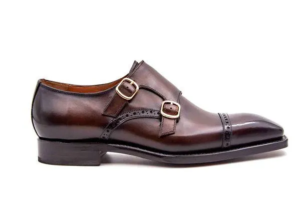 "Ryan" Burnished Calfskin Double Monkstrap Brown Stable Structure Retro Edge