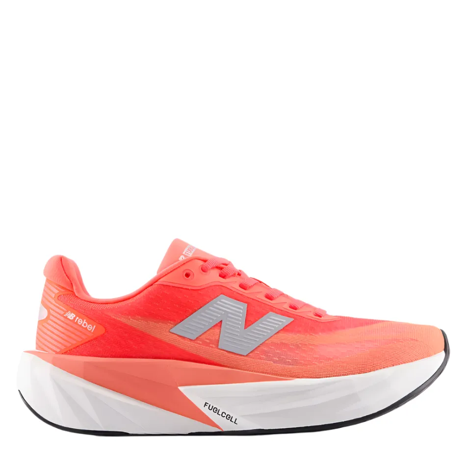 foldable New Balance Women's Fuelcell Rebel V5 Running Shoes in Urgent Red/White/Silver Metallic AW25