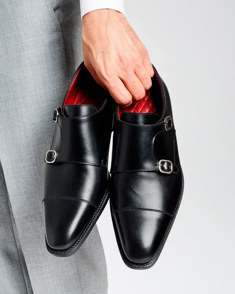 Casual Comfort Marriage Pair Black Double Monk Strap Dress Shoe with Rubber Half Soles