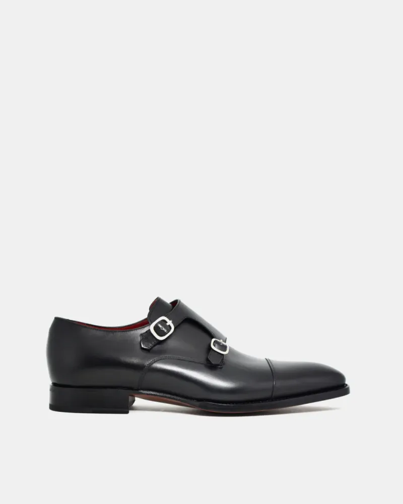 Sun Safe Prime Step Black Double Monk Strap Dress Shoe with Rubber Half Soles