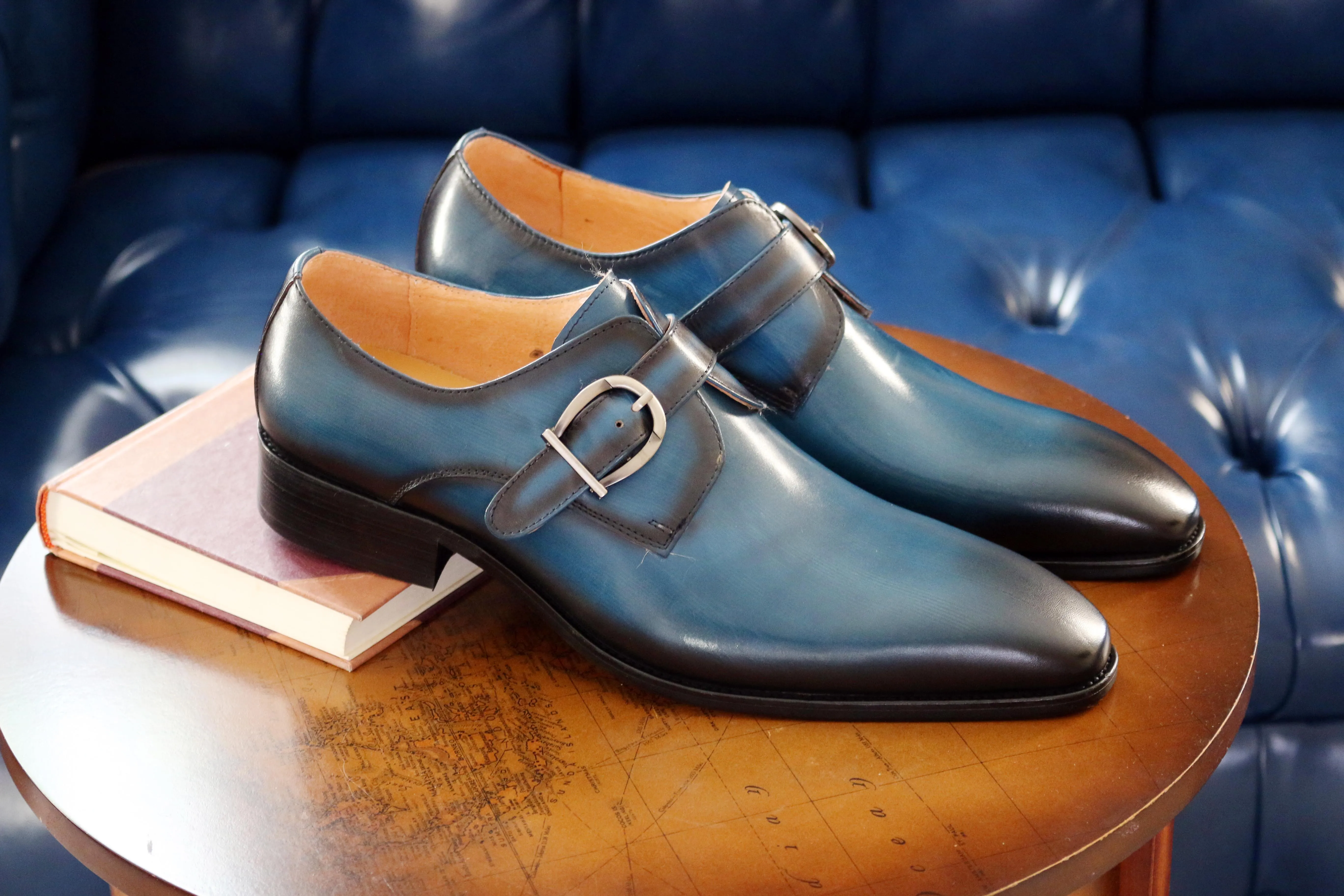 Calfskin Monkstrap Blue Non Shade Comfortable Design