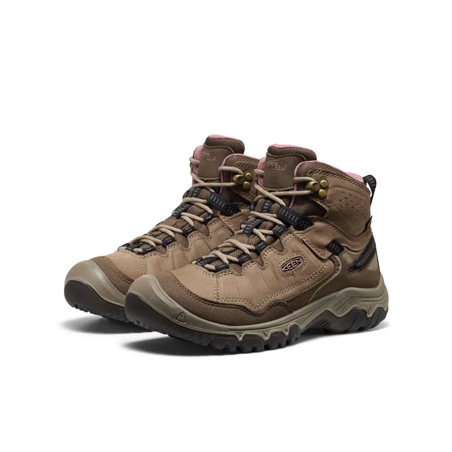 Collar height balances mobility and ankle security Smooth transition Women's Targhee IV Waterproof Hiking Boot  |  Brindle/Nostalgia Rose