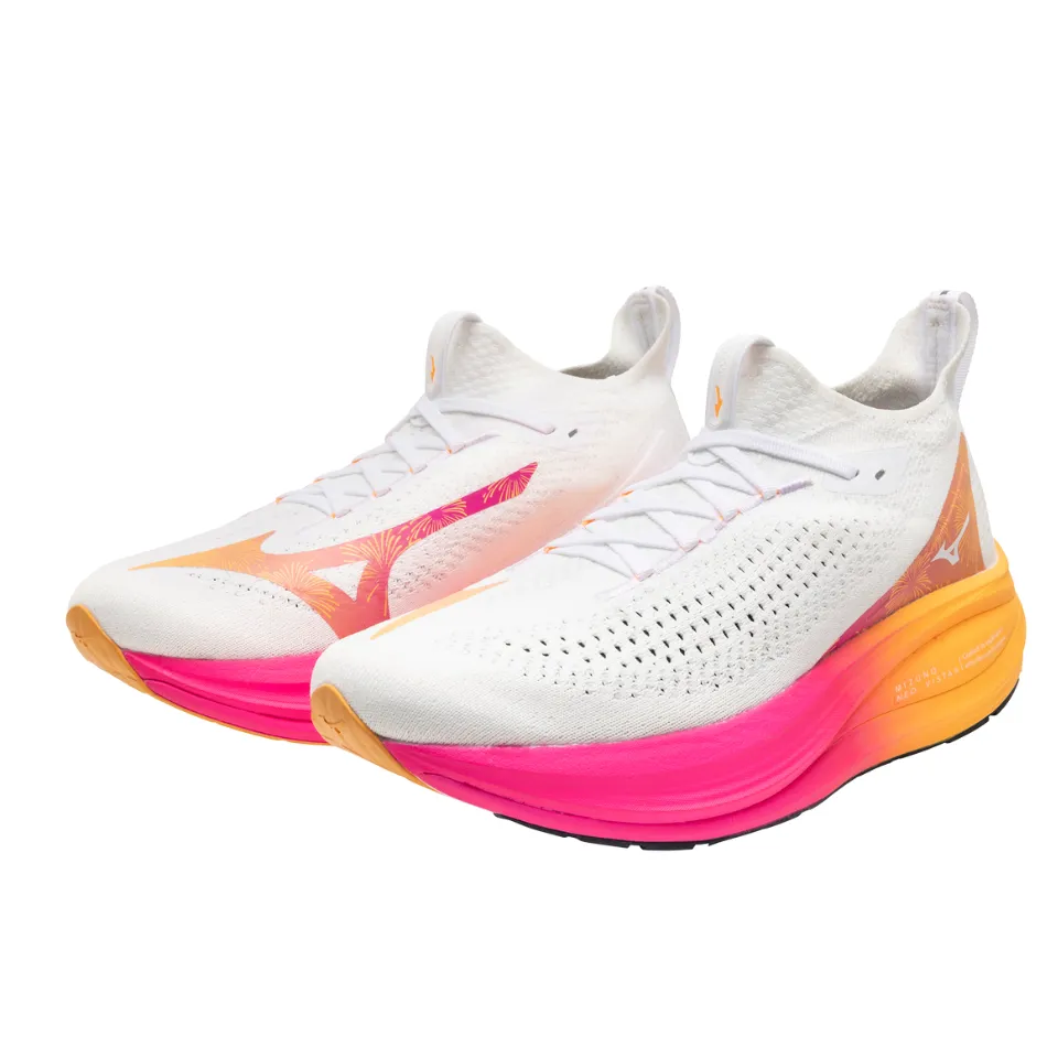 Mizuno Unisex Neo Vista 2 Running Shoes in White/White/Pink Tetra AW25 carbon fiber plate