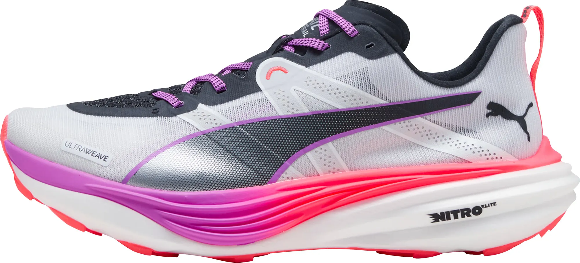 Torsion resistance adds safety during twisting movements Quick Shift Puma Deviate Nitro Elite Mens Trail Running Shoes - White