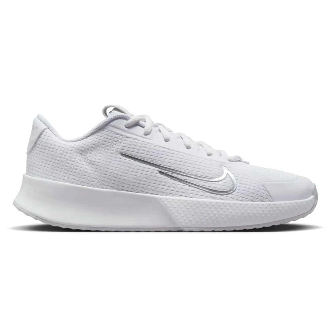 Nike Vapor Lite 2 HC Women Hard-Court Tennis Shoes - White/Metallic Silver-Pure Plantinum Firm Sole