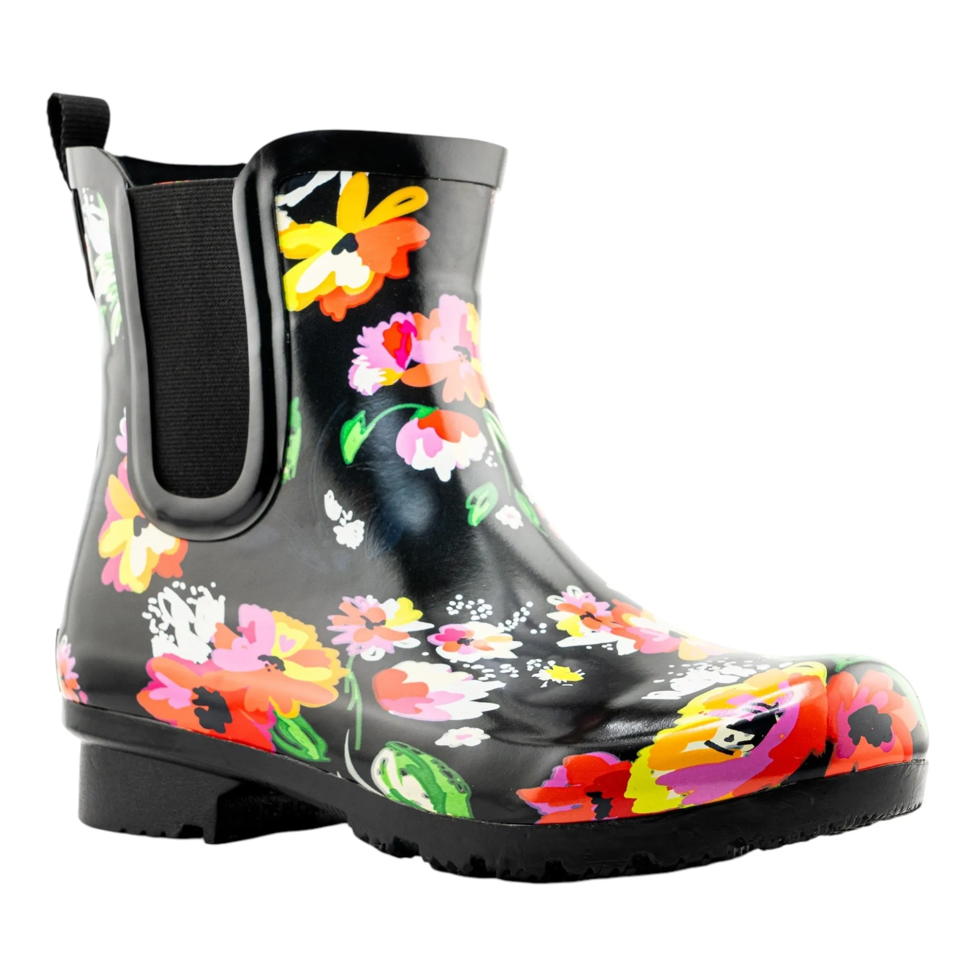 Commute Wear Stylish Slip-Ons Chelsea Black Floral Women's Rain Boots