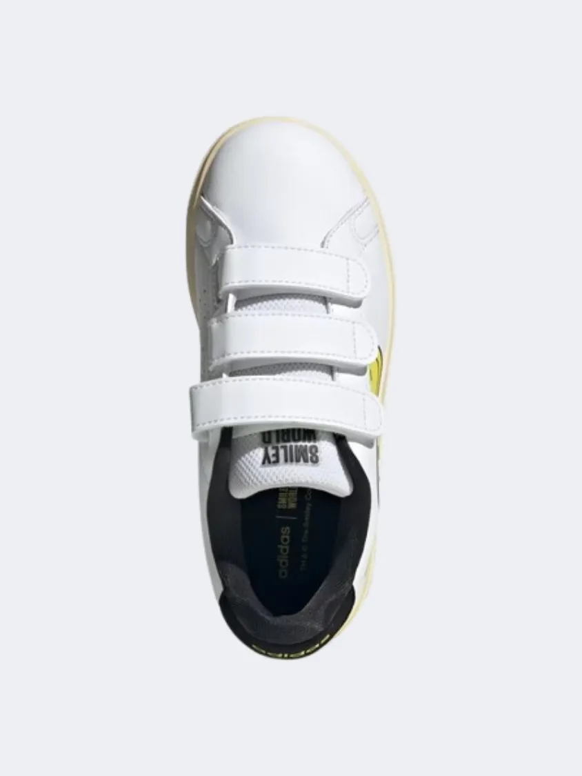 Adidas Advantage Smiley Ps Boys Sportswear Shoes White/Yellow/Black Comfort Bend Safe Land