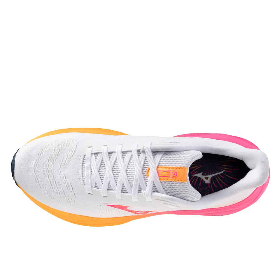 Mizuno Unisex Wave Sky 9 Running Shoes in White/Tang Orange/Pink Tetra AW25 weekend running footwear Lightweight Outsole