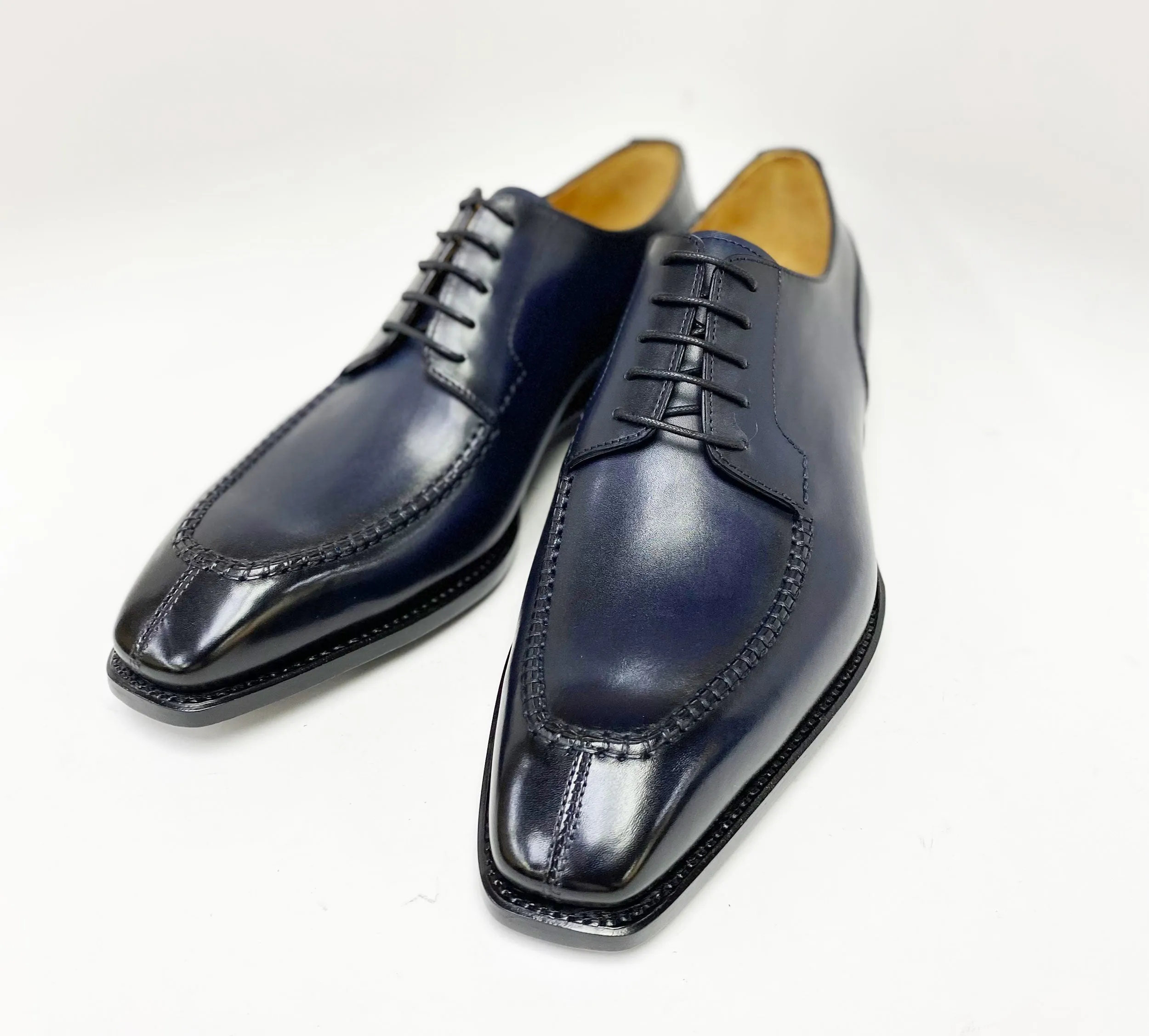 "Norman" Burnished Calfskin Lace-Up Split-Toe Oxford Navy Comfort Strap