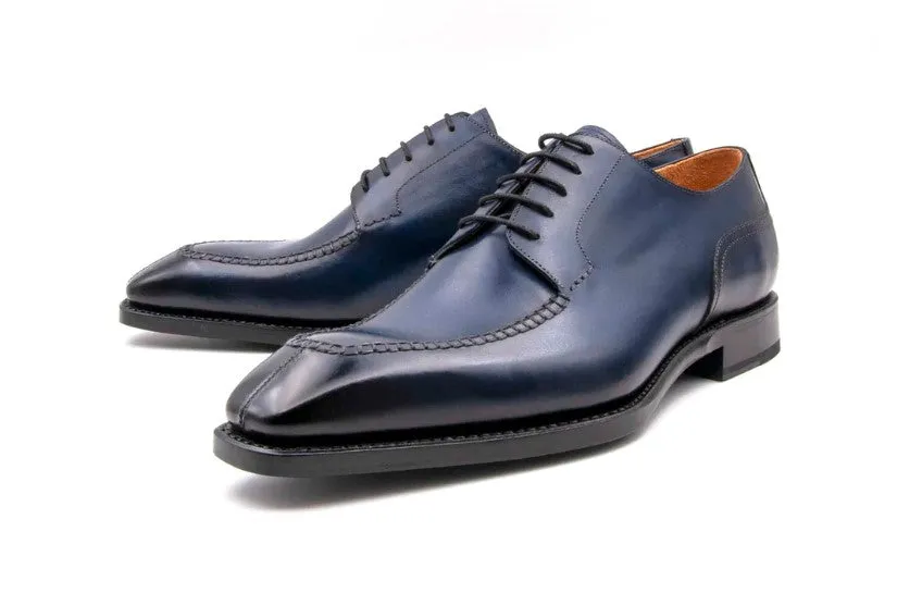 "Norman" Burnished Calfskin Lace-Up Split-Toe Oxford Navy Comfort Heel Cushioned heel