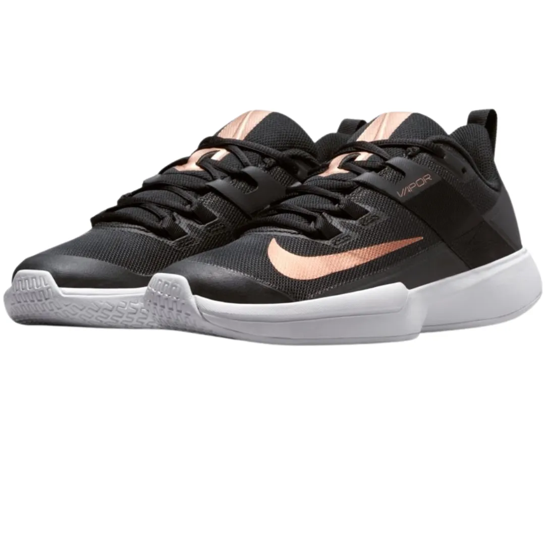 Nike Womens Court Vapor Lite Tennis Shoes - Black/Metallic Red Bronze-White Adjustable Laces