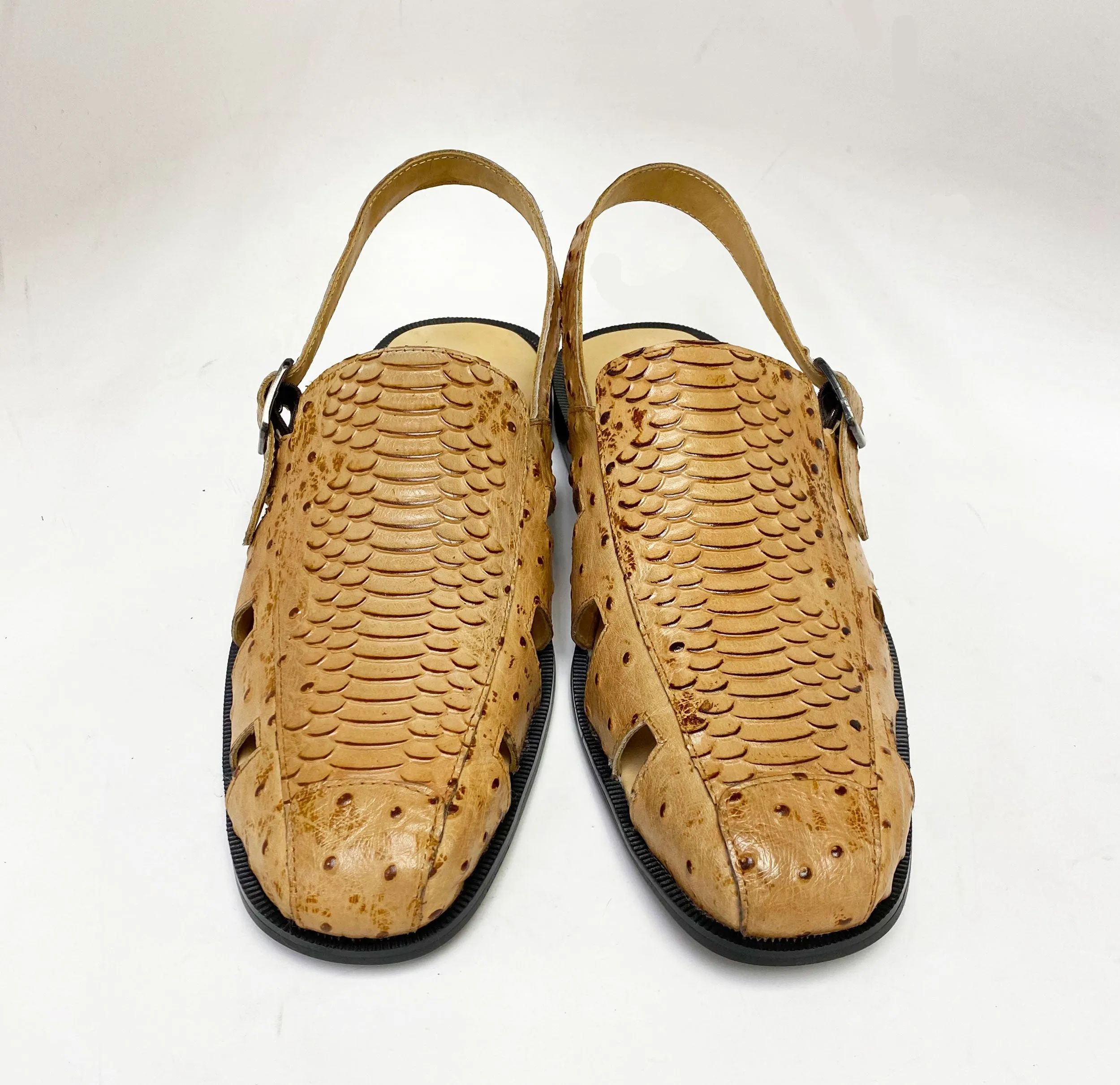 Maurice Embossed Calfskin Slip-On Back-Strap Sandal Camel Versatile