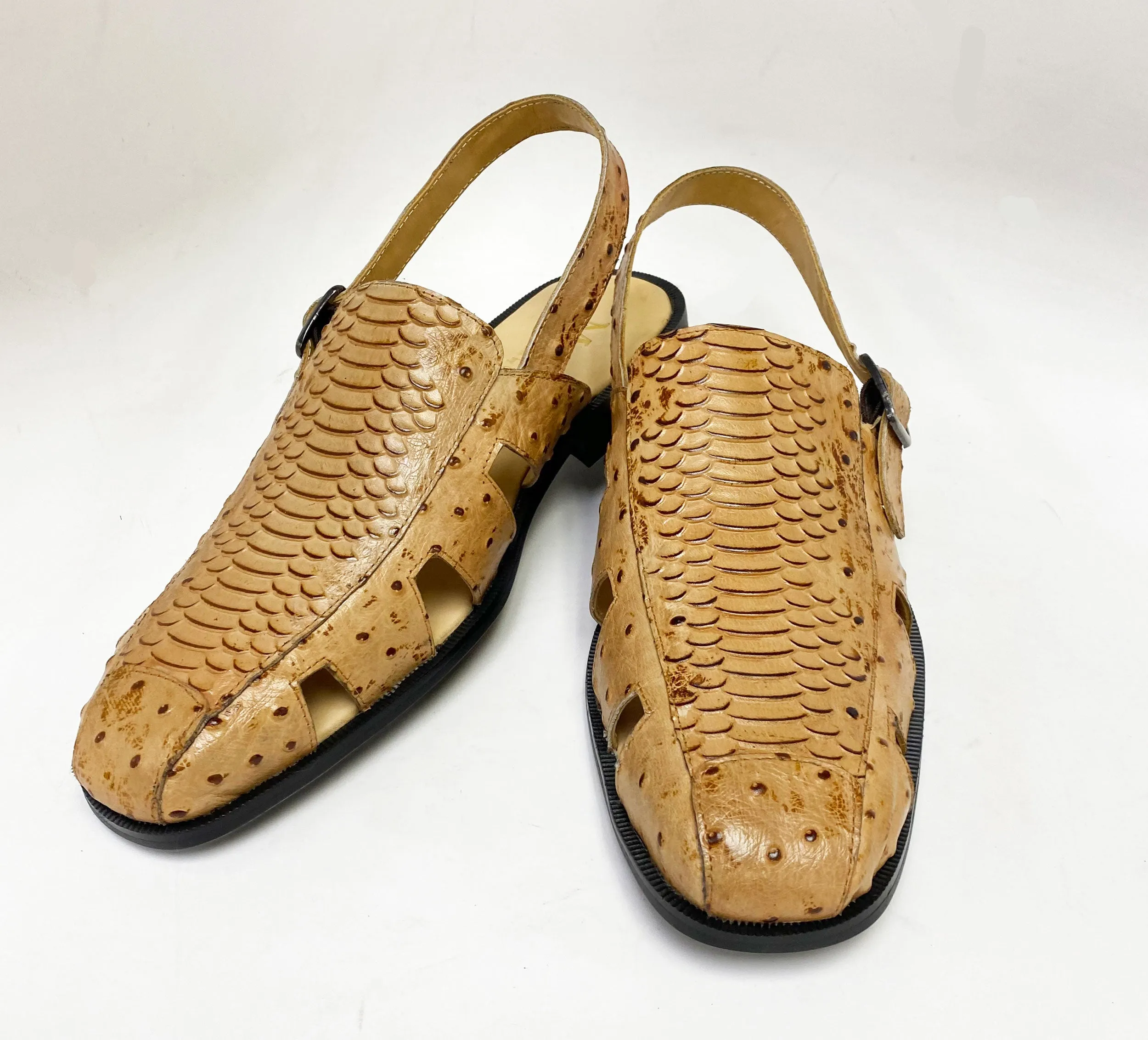 Maurice Embossed Calfskin Slip-On Back-Strap Sandal Camel Party Glow