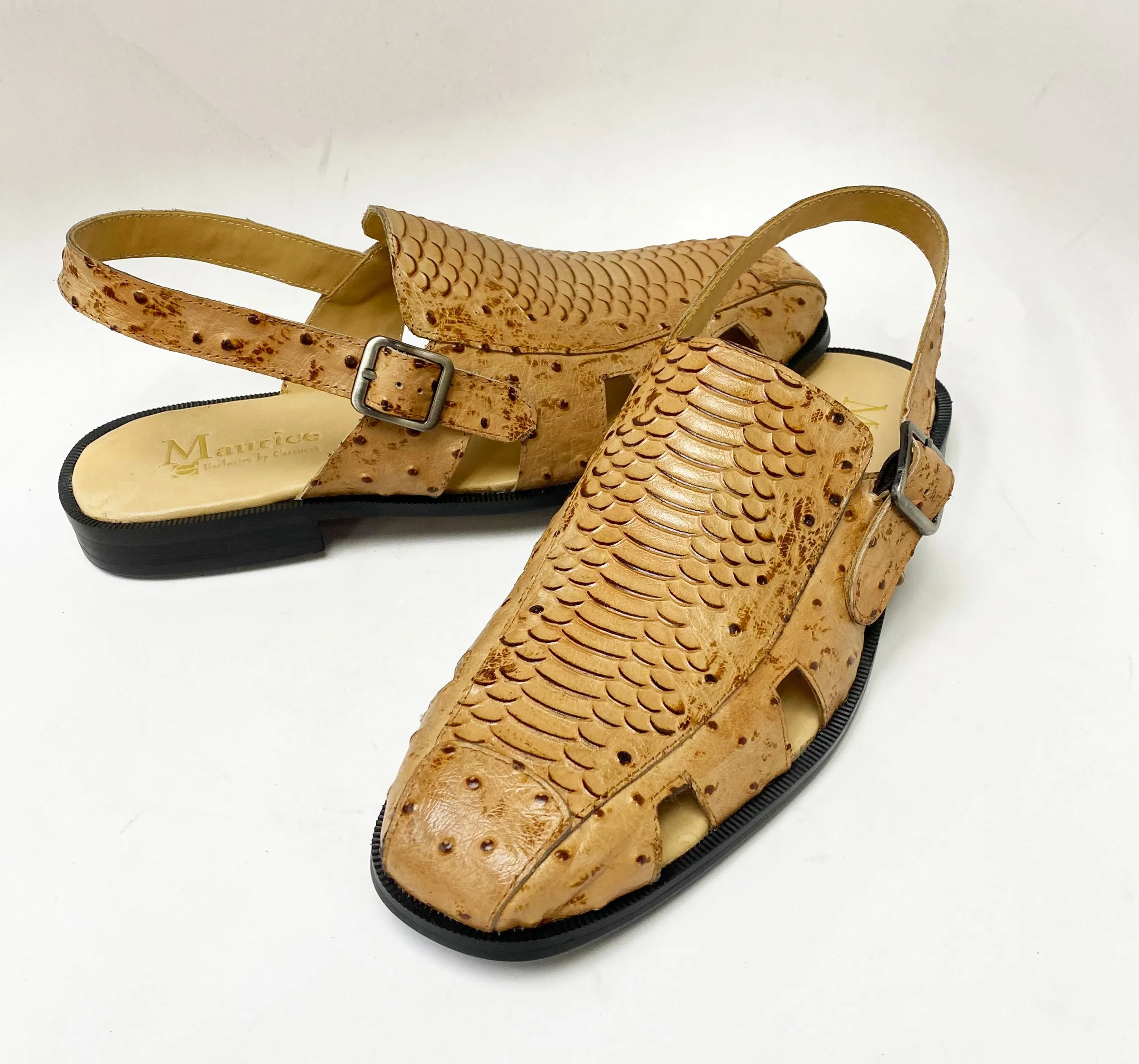 Maurice Embossed Calfskin Slip-On Back-Strap Sandal Camel Cotton Base