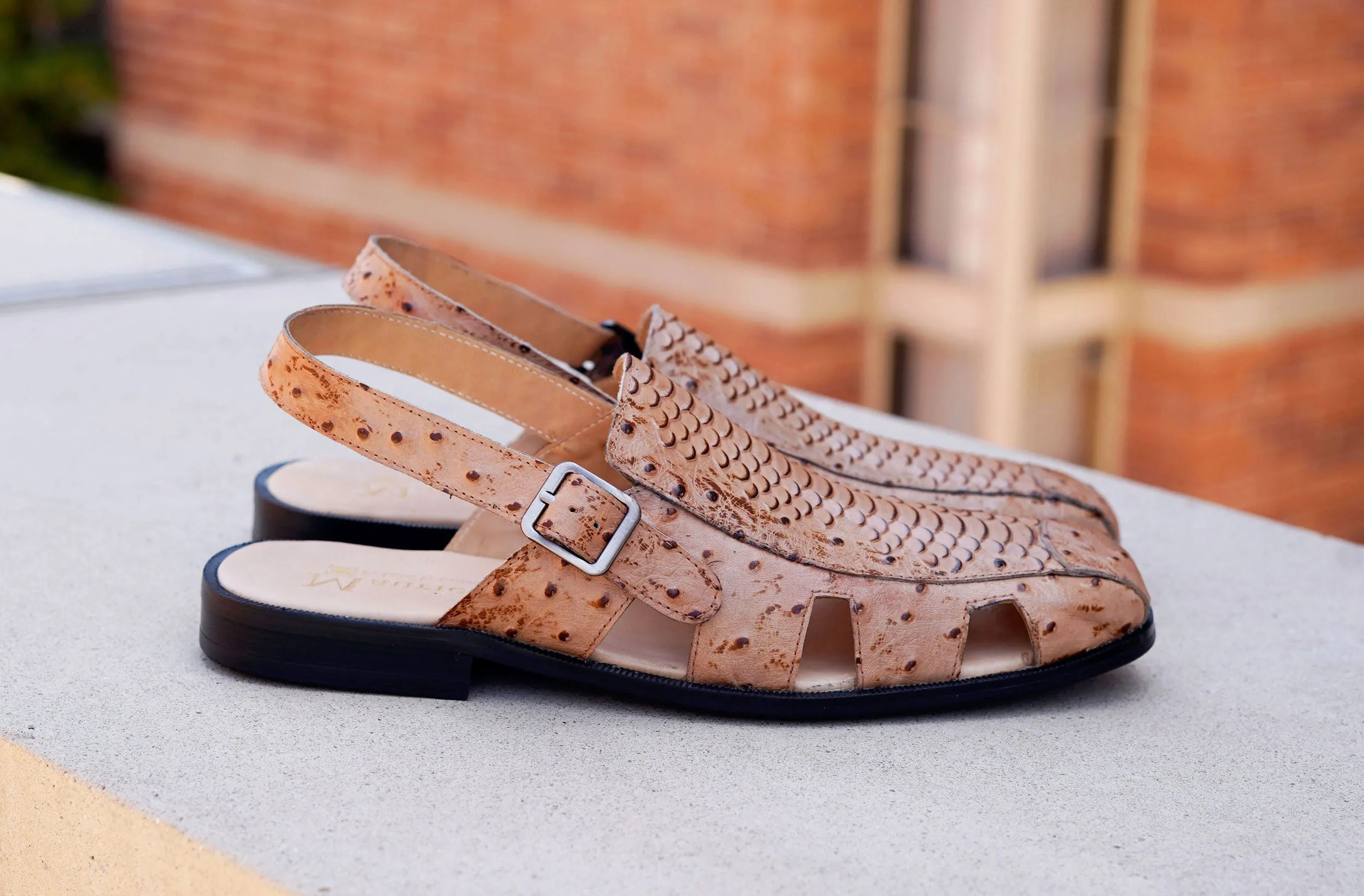 Maurice Embossed Calfskin Slip-On Back-Strap Sandal Camel Buckle Fit