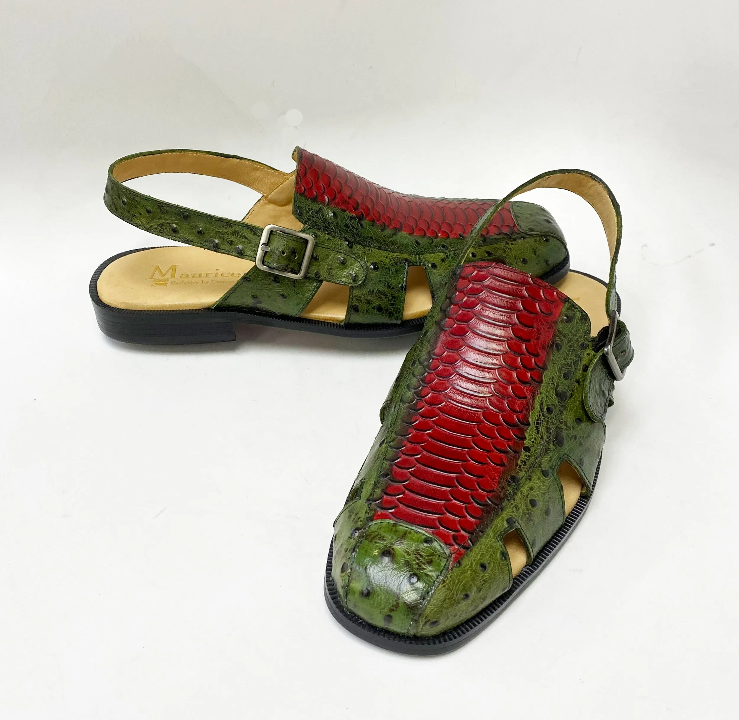 Gloss Finish Maurice Embossed Calfskin Slip-On Back-Strap Sandal Green/Red